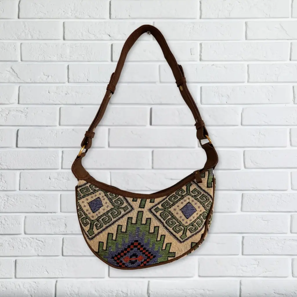 Jacquard Hobo Bag – Geo-Geen (brown strap) | www.artisangoods.co.uk 3