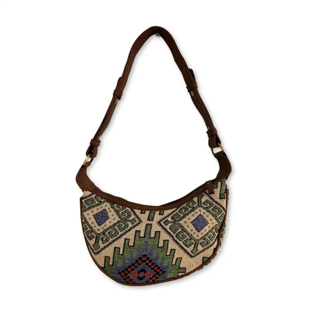 Jacquard Hobo Bag – Geo-Geen (brown strap) | www.artisangoods.co.uk 2