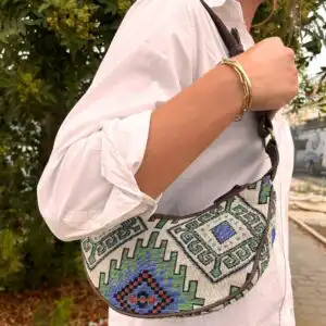 Jacquard Hobo Bag – Geo-Geen (brown strap) | www.artisangoods.co.uk 1