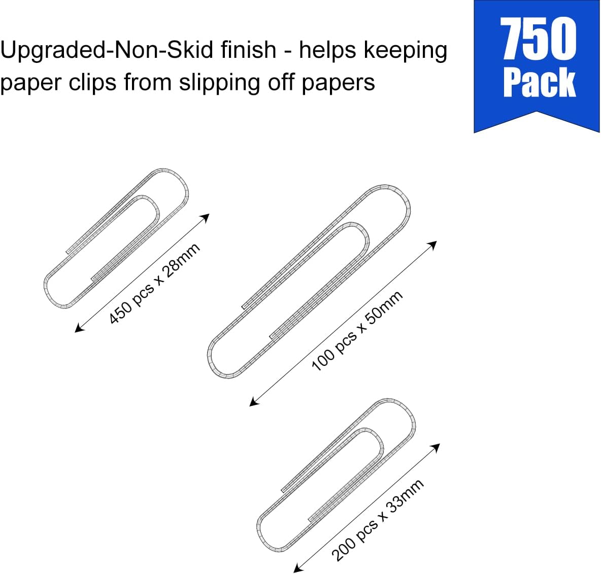 JIKIOU 750 Assorted Paper Clips, 28 mm, 33 mm, 50 mm - Silver