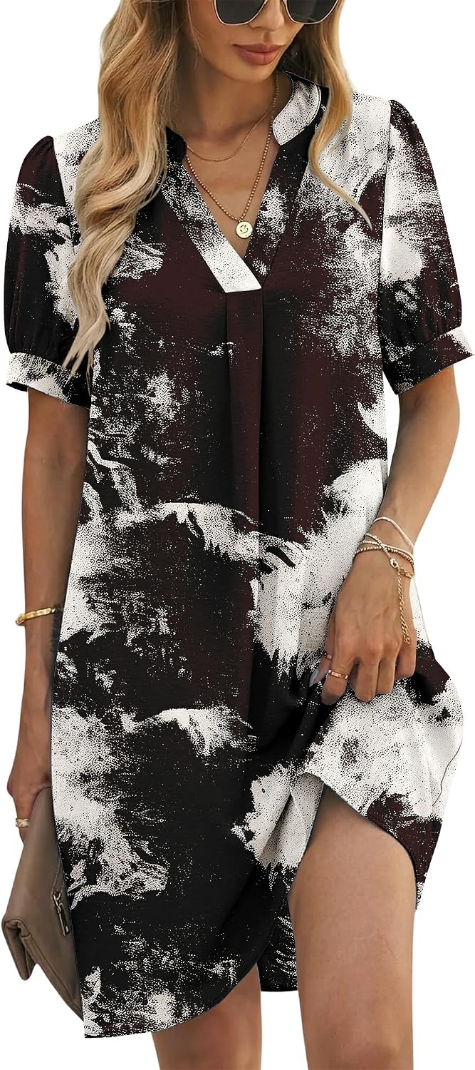 KISSMODA Women's V Neck Casual Shift Dress Short Sleeve Summer