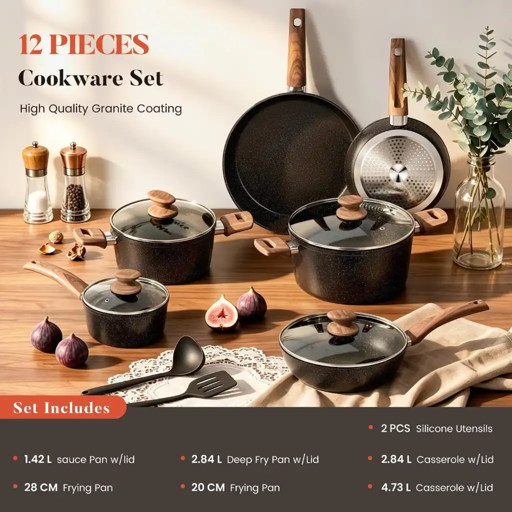 Kitchen Academy Induction Hob 12-Piece Cookware Set Non-Stick Black