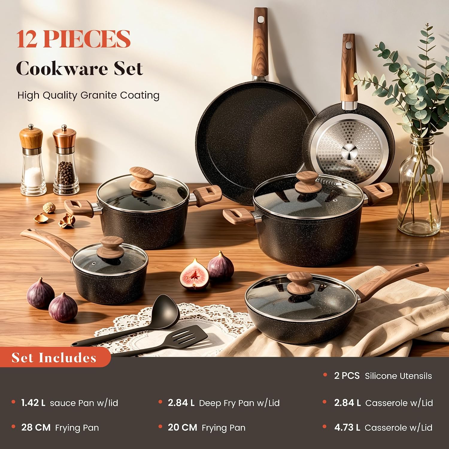 Kitchen Academy Induction Hob 12-Piece Cookware Set Non-Stick Black
