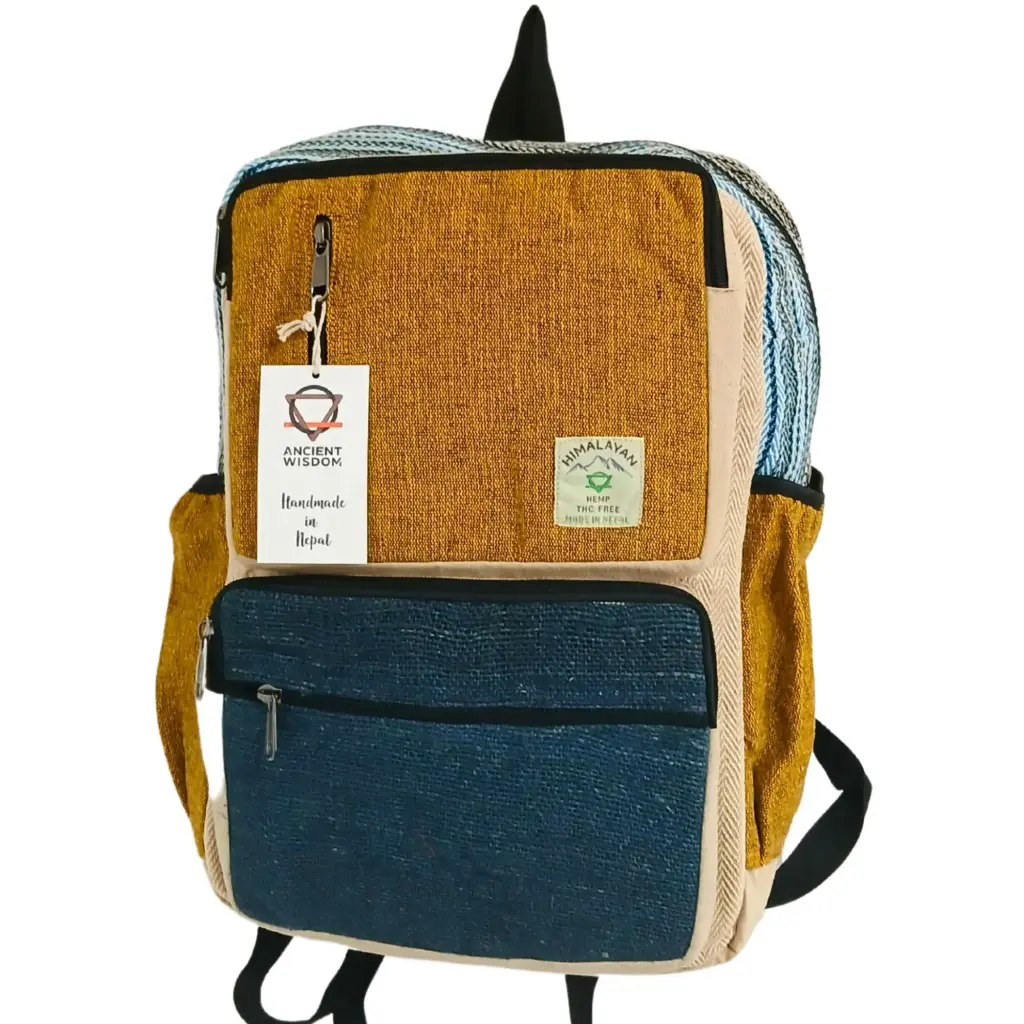 Large Boxy Hemp Backpack – Teal & Tumeric | www.artisangoods.co.uk