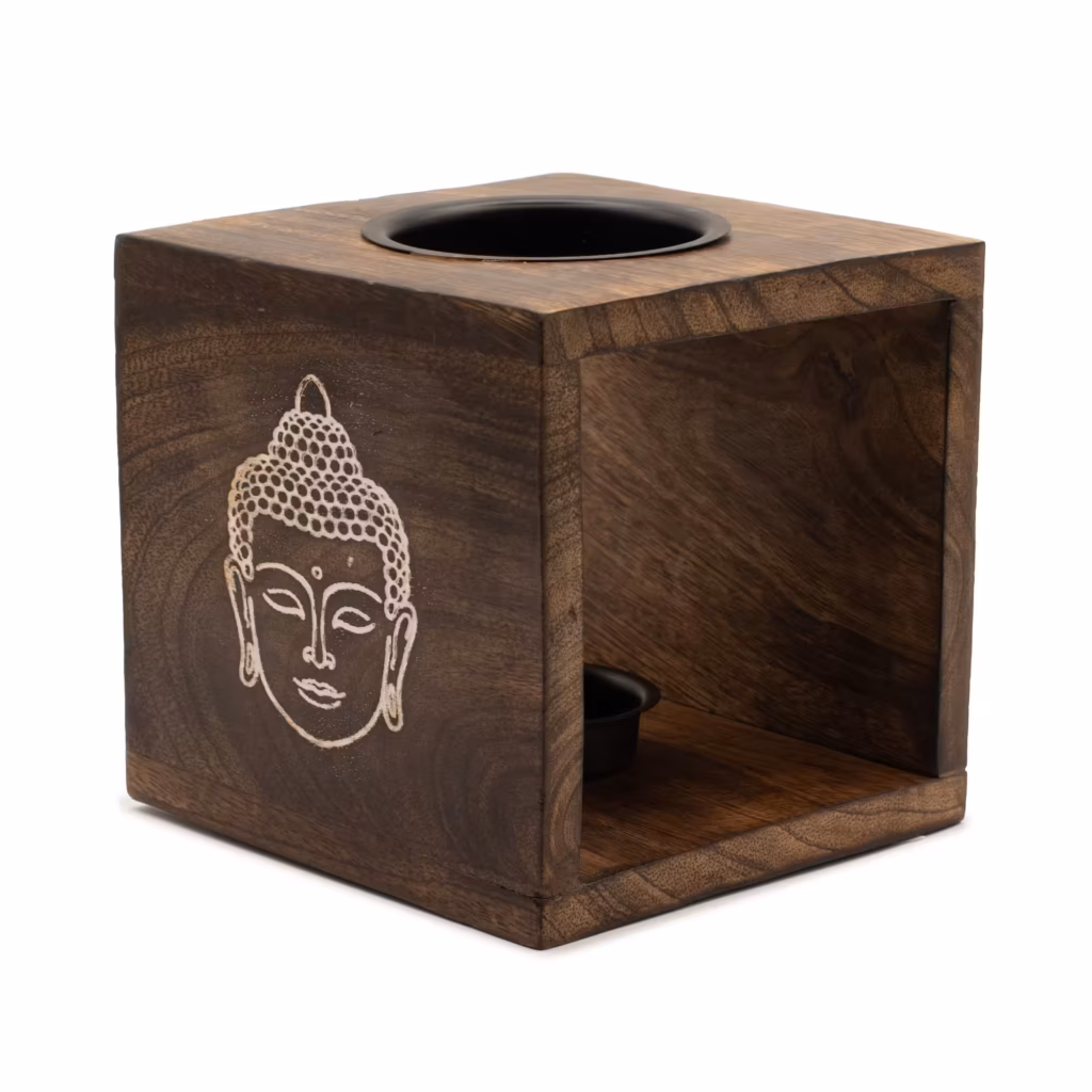 Large Square Mango Wood Oil Burner- Buddha Face | www.artisangoods.co.uk