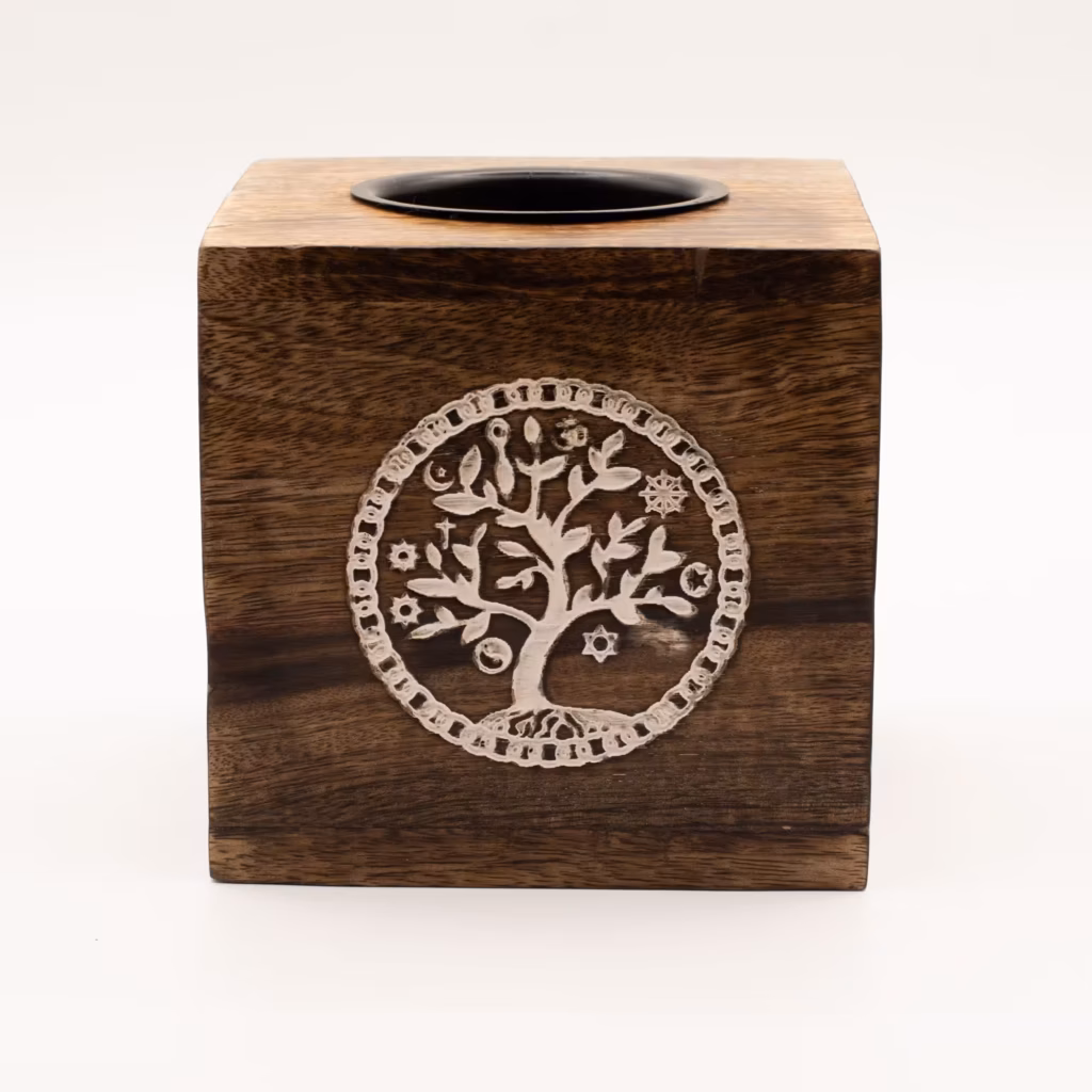 Large Square Mango Wood Oil Burner  – Tree of Life | www.artisangoods.co.uk