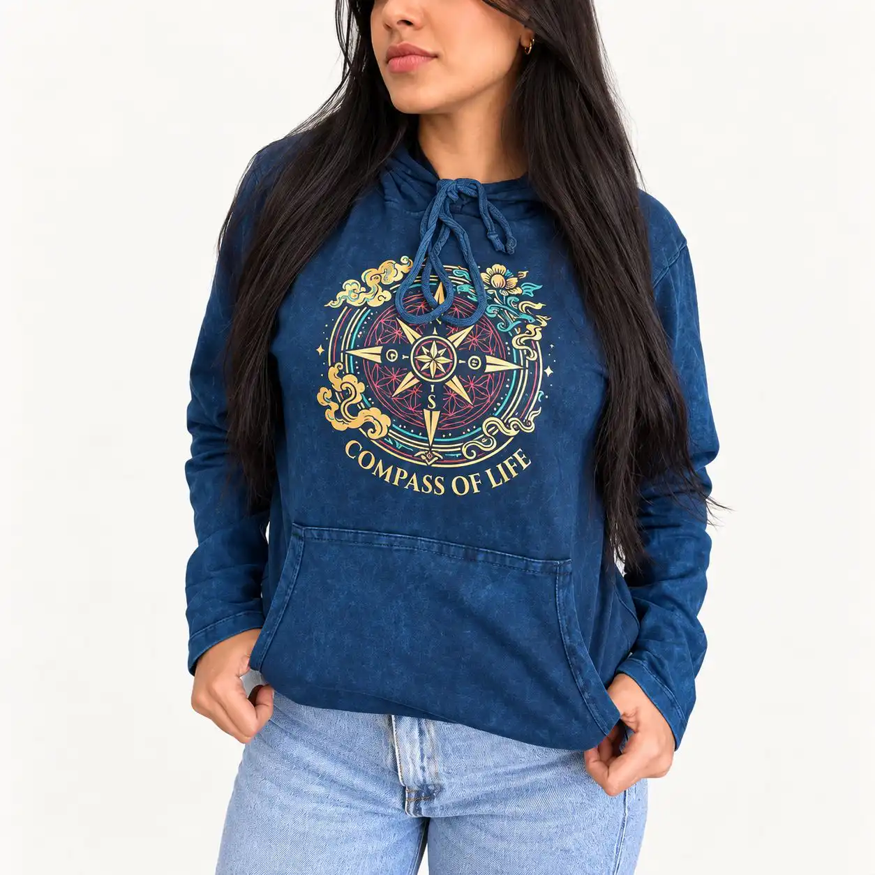 Large Stone Washed Hoody Shirt Kangaroo Pocket - Blue Compass of Life