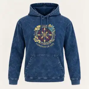 Large Stone Washed Hoody Shirt Kangaroo Pocket - Blue Compass of Life