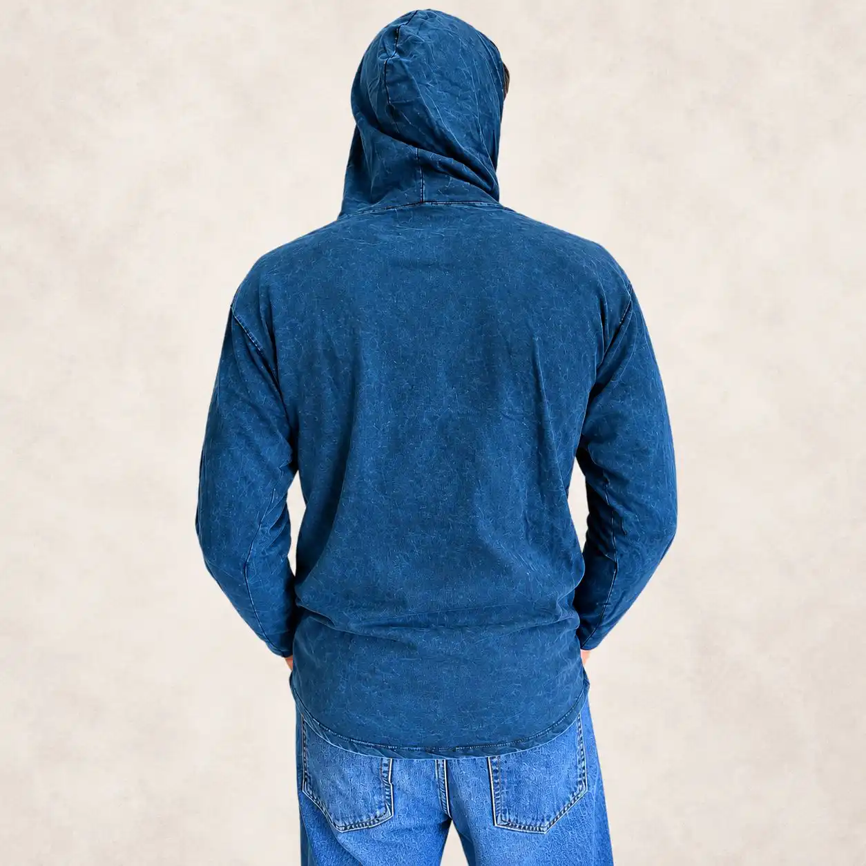 Large Stone Washed Hoody Shirt Kangaroo Pocket - Blue Compass of Life