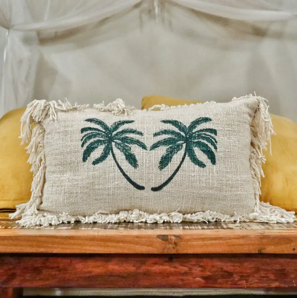 Linen Cushion Cover 30x50cm Palm Tree with Fringe | www.artisangoods.co.uk 2