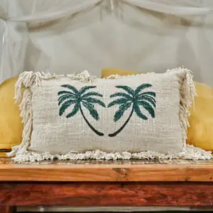 Linen Cushion Cover 30x50cm Palm Tree with Fringe | www.artisangoods.co.uk 2