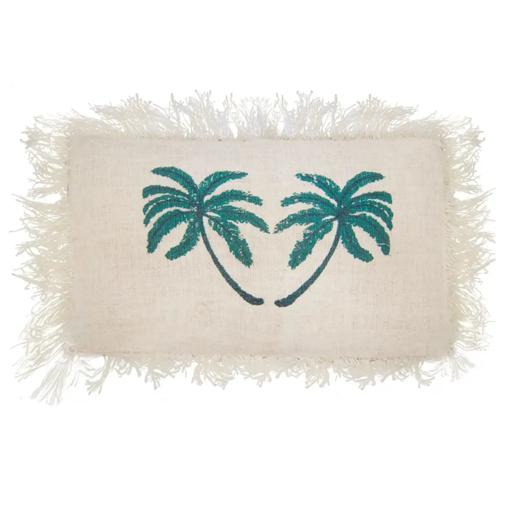 Linen Cushion Cover 30x50cm Palm Tree with Fringe | www.artisangoods.co.uk