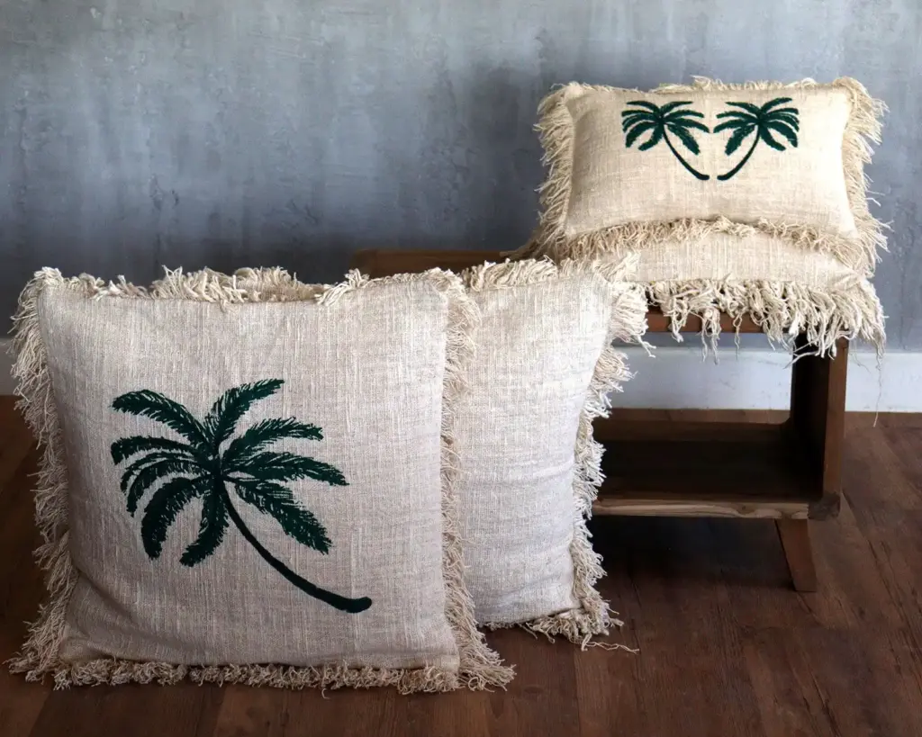 Linen Cushion Cover 45x45cm Palm Tree  with Fringe | www.artisangoods.co.uk 3