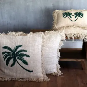 Linen Cushion Cover 45x45cm Palm Tree  with Fringe | www.artisangoods.co.uk 3