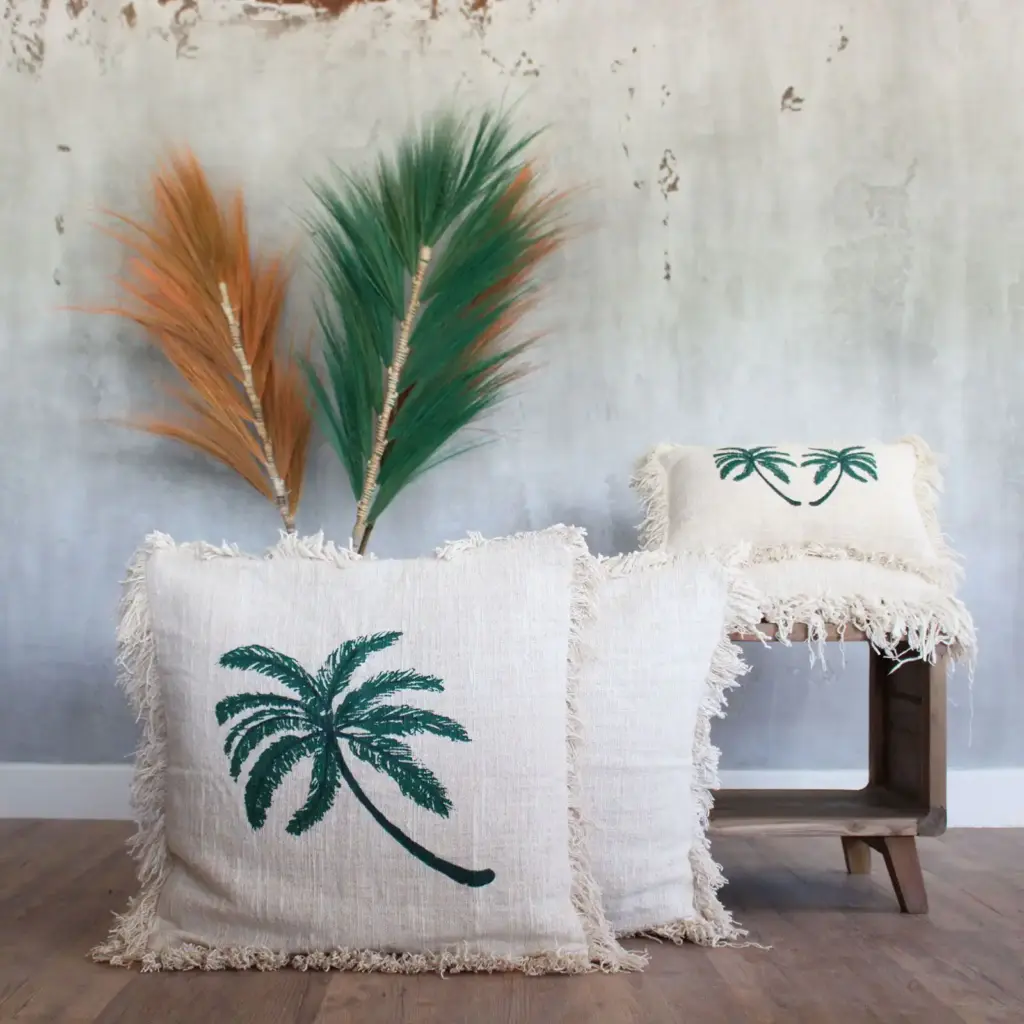 Linen Cushion Cover 45x45cm Palm Tree  with Fringe | www.artisangoods.co.uk 4