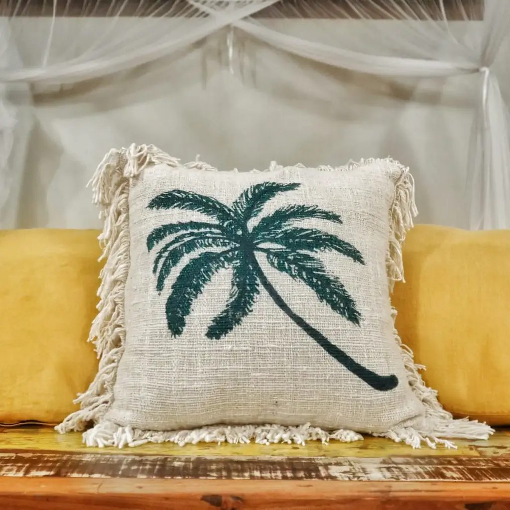 Linen Cushion Cover 45x45cm Palm Tree  with Fringe | www.artisangoods.co.uk 2
