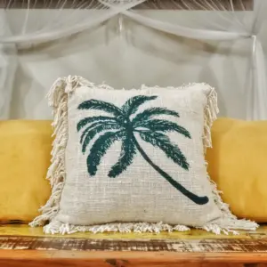 Linen Cushion Cover 45x45cm Palm Tree  with Fringe | www.artisangoods.co.uk 2