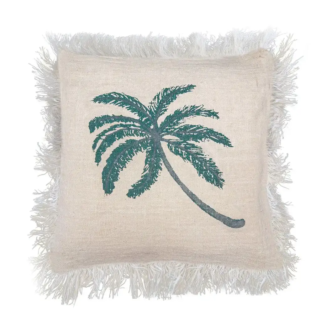 Linen Cushion Cover 45x45cm Palm Tree  with Fringe | www.artisangoods.co.uk