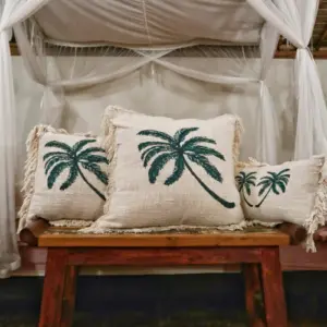 Linen Cushion Cover 60x60cm Palm Tree  with Fringe | www.artisangoods.co.uk 3