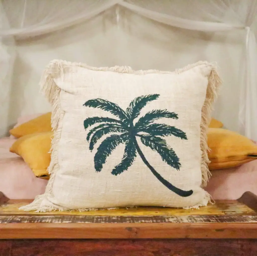 Linen Cushion Cover 60x60cm Palm Tree  with Fringe | www.artisangoods.co.uk 2