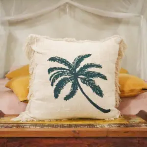 Linen Cushion Cover 60x60cm Palm Tree  with Fringe | www.artisangoods.co.uk 2