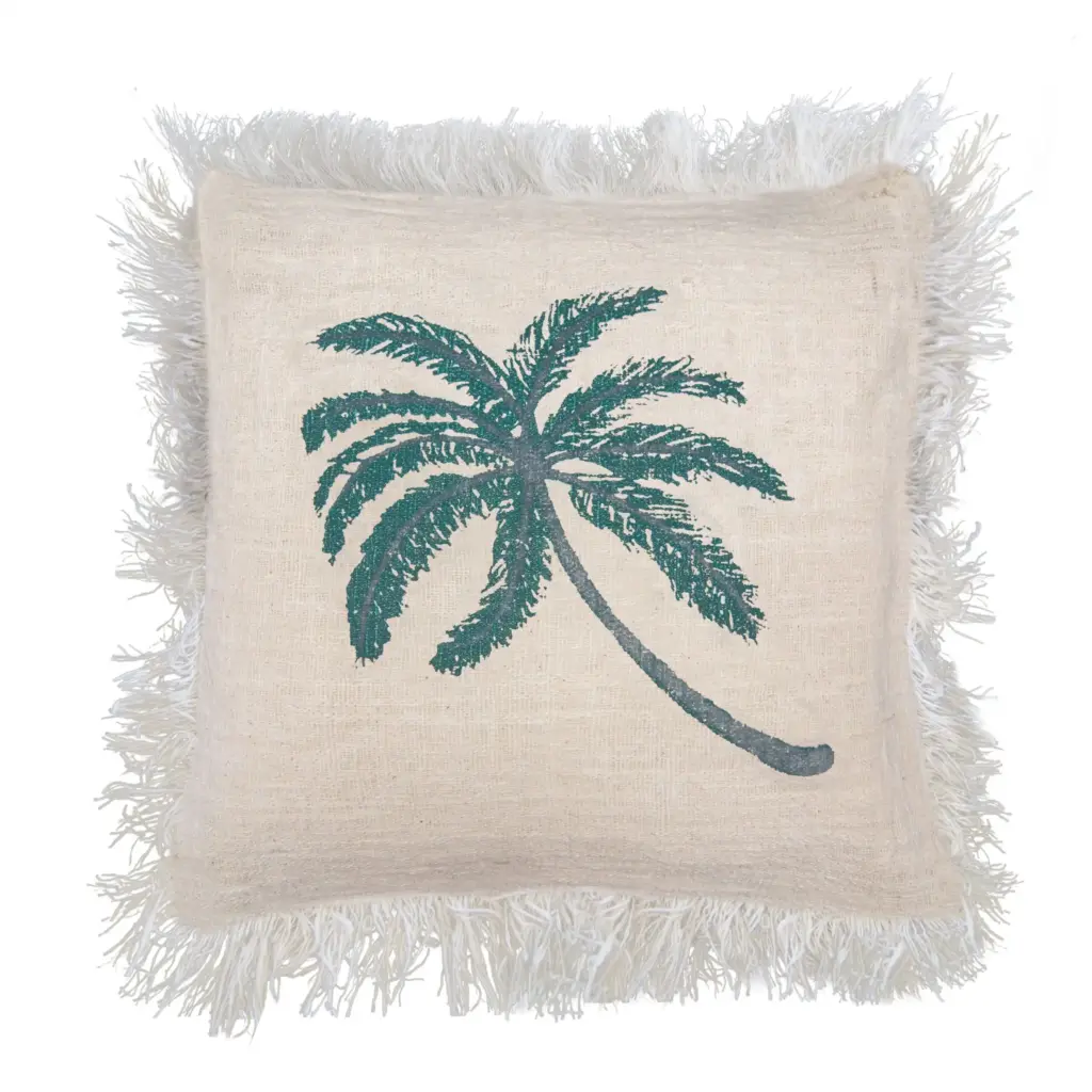 Linen Cushion Cover 60x60cm Palm Tree  with Fringe | www.artisangoods.co.uk