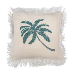 Linen Cushion Cover 60x60cm Palm Tree  with Fringe | www.artisangoods.co.uk