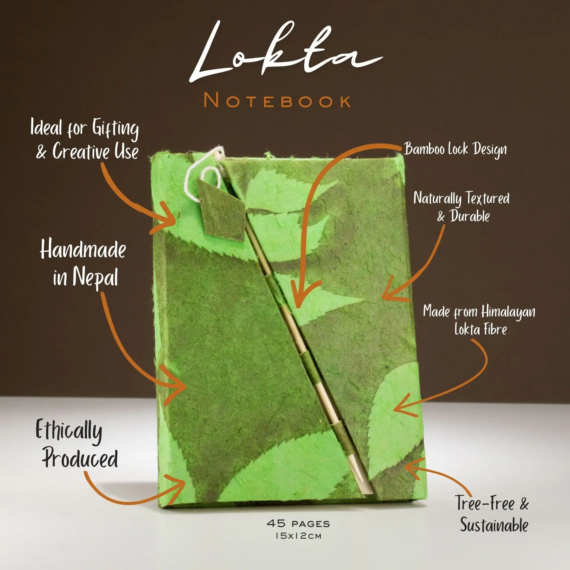 Lokta Bold Floral Bamboo Lock Notebook - Medium (15x12cm) - 45 Leaves - Moss Green