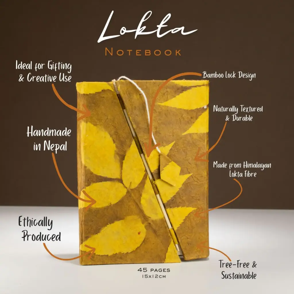 Lokta Bold Floral Bamboo Lock Notebook – Medium (15x12cm) – 45 Leaves – Mustard Brown | www.artisangoods.co.uk