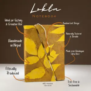 Lokta Bold Floral Bamboo Lock Notebook - Medium (15x12cm) - 45 Leaves - Mustard Brown