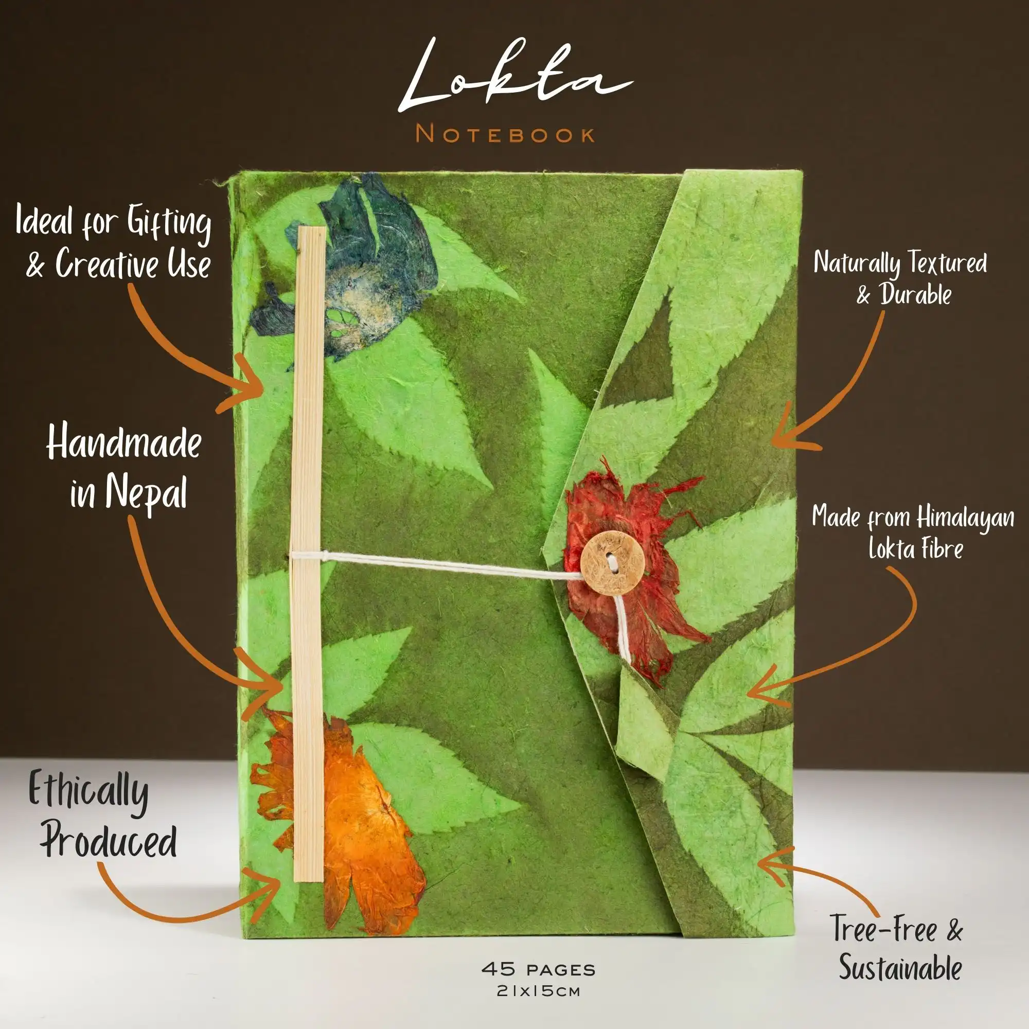 Lokta Bold Floral Notebook - Large (21x15cm) - 45 Leaves - Includes Bookmark - Moss Green
