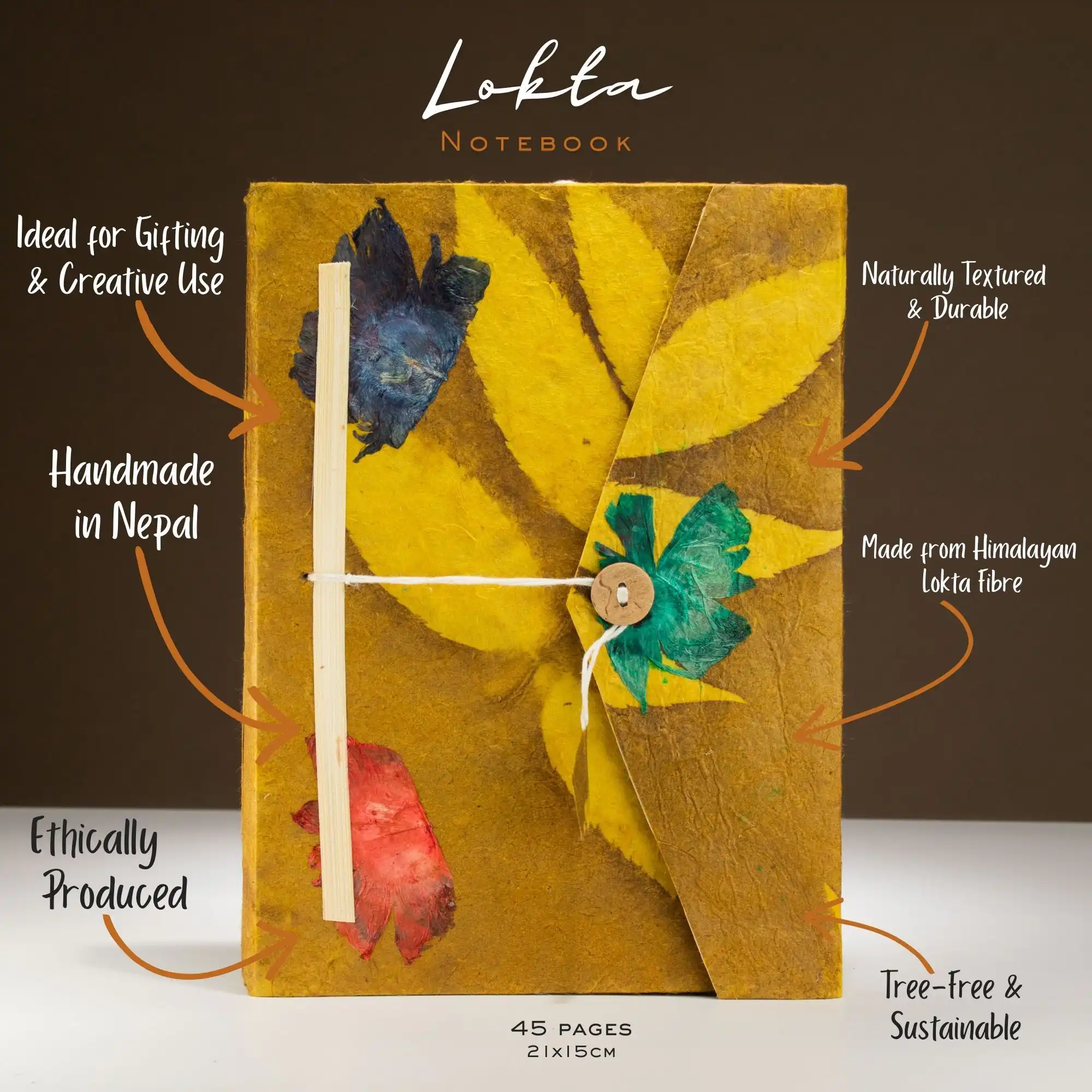 Lokta Bold Floral Notebook - Large (21x15cm) - 45 Leaves - Includes Bookmark - Mustard Brown