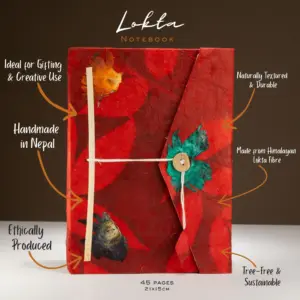 Lokta Bold Floral Notebook - Large (21x15cm) - 45 Leaves - Includes Bookmark - Ruby