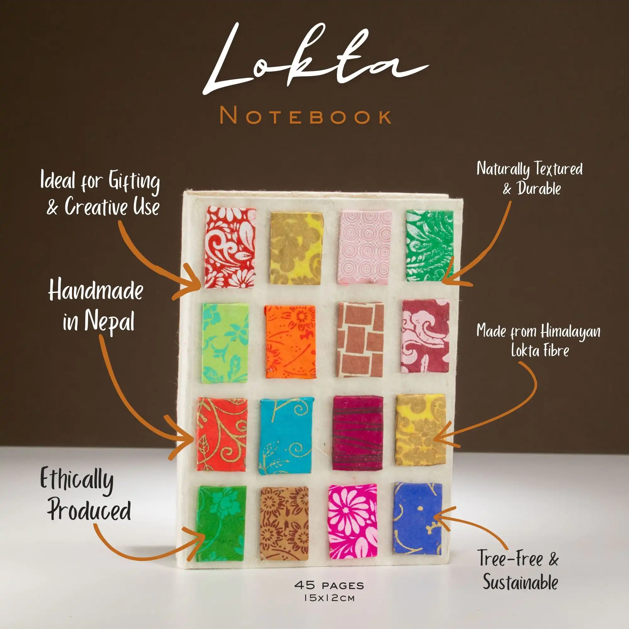 Lokta Mini Tiles Notebook - Medium (15x12cm) - 45 Leaves - Natural