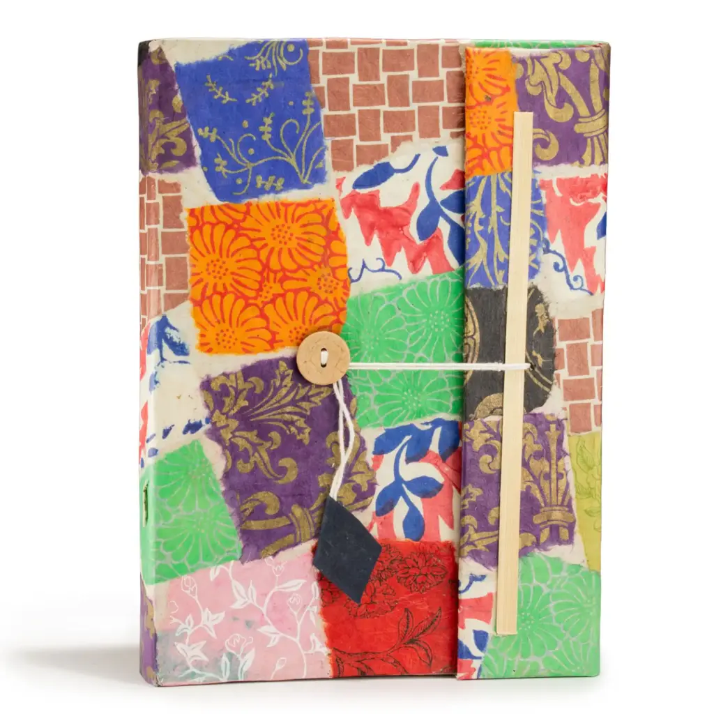 Lokta Patchwork Notebook – Large (21x15cm) – 45 Leaves – Includes Bookmark – Multi Colour | www.artisangoods.co.uk