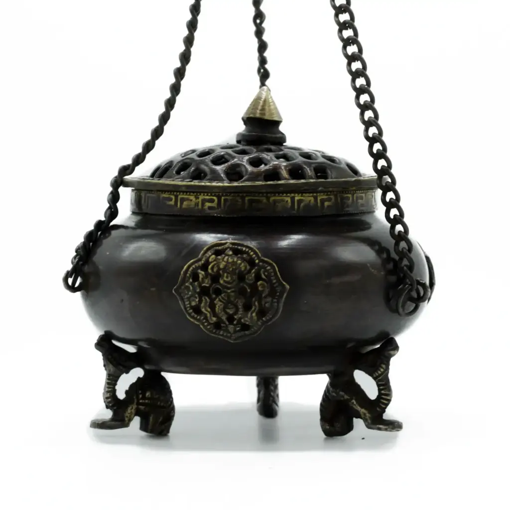 Lrg Brass Tibetan Burner – Four Symbol Hanging Pot | www.artisangoods.co.uk 2