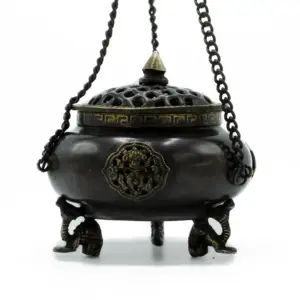 Lrg Brass Tibetan Burner – Four Symbol Hanging Pot | www.artisangoods.co.uk 2
