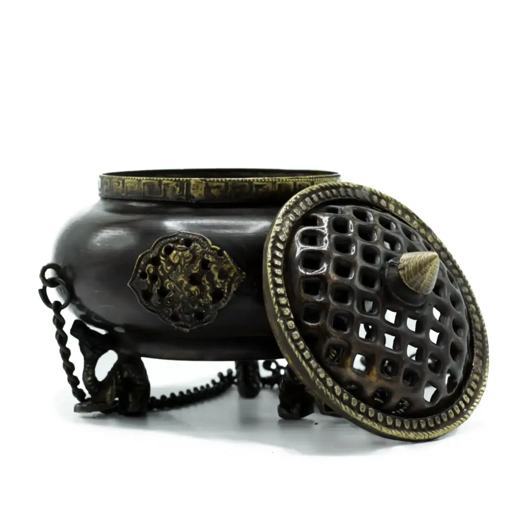 Lrg Brass Tibetan Burner – Four Symbol Hanging Pot | www.artisangoods.co.uk 3