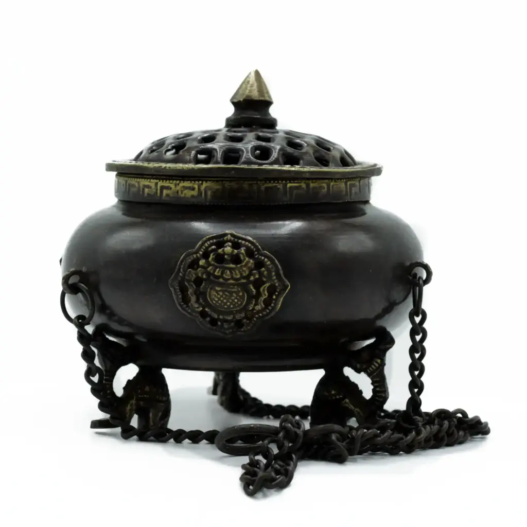 Lrg Brass Tibetan Burner – Four Symbol Hanging Pot | www.artisangoods.co.uk