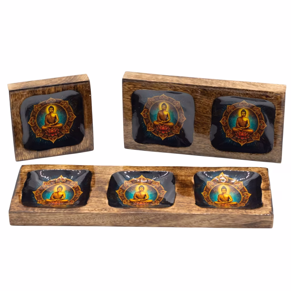 Lrg Enamelled Mango Tray Set – Buddha | www.artisangoods.co.uk