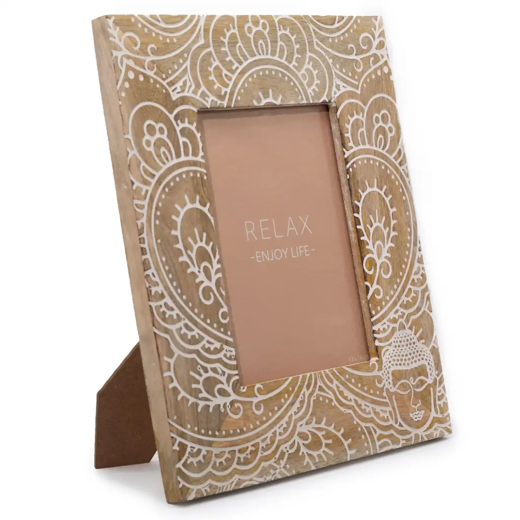 Lrg Mango Wood Picture Frame (for 13x18cm) 28x23x2cm – Buddha – White | www.artisangoods.co.uk