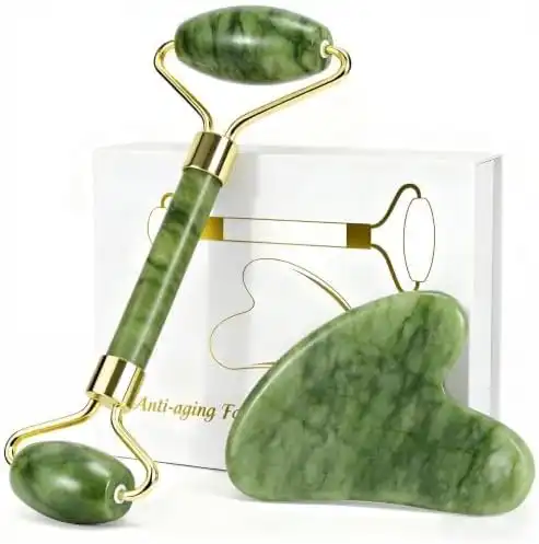 MASSOVIBE Jade Roller & Gua Sha Set - Natural Green Skincare Tools