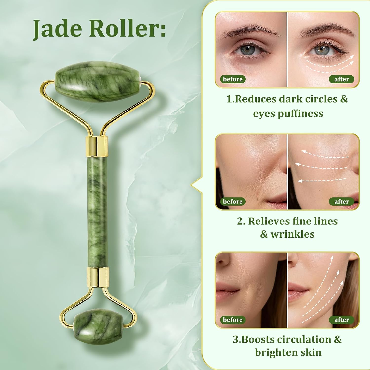 MASSOVIBE Jade Roller & Gua Sha Set - Natural Green Skincare Tools