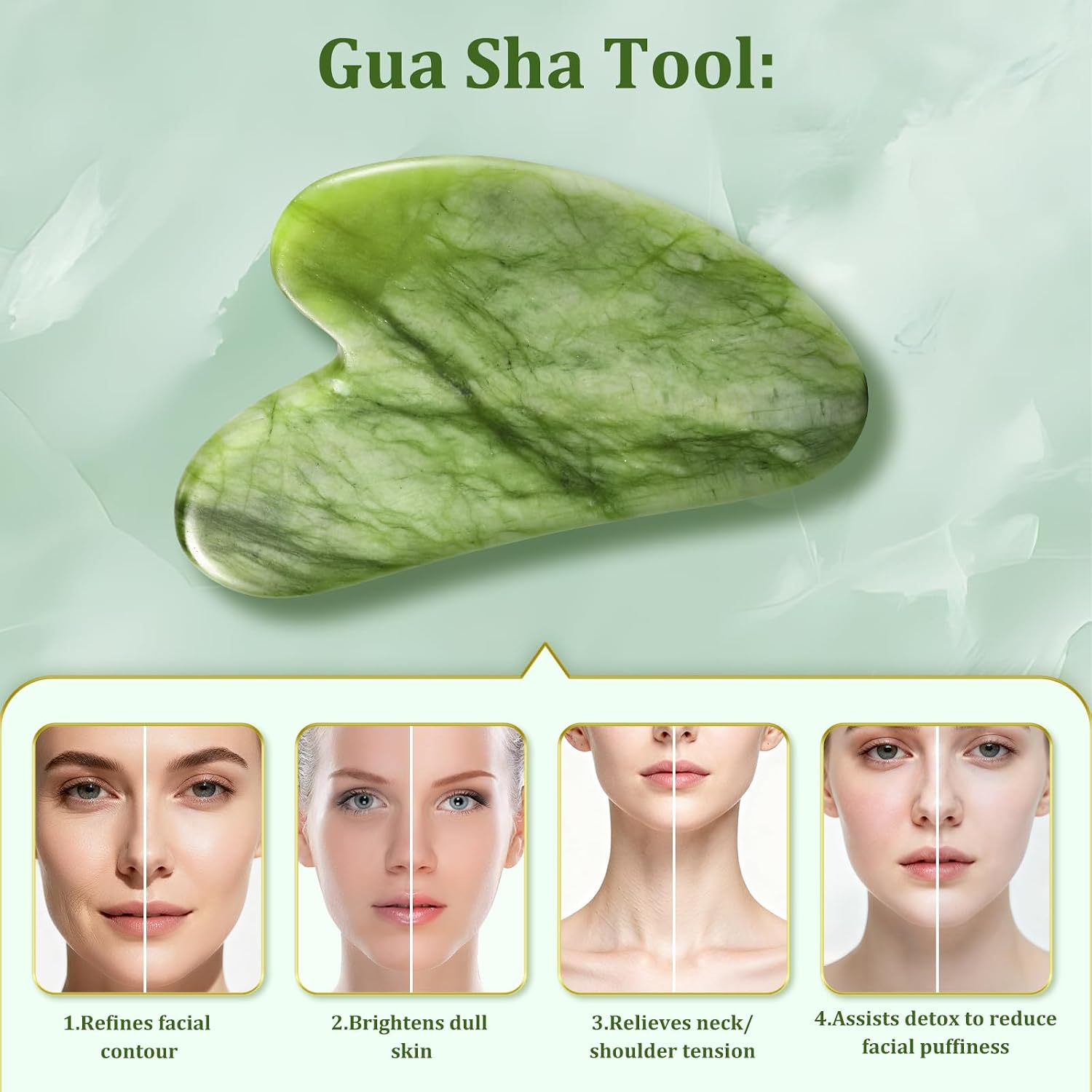 MASSOVIBE Jade Roller & Gua Sha Set - Natural Green Skincare Tools