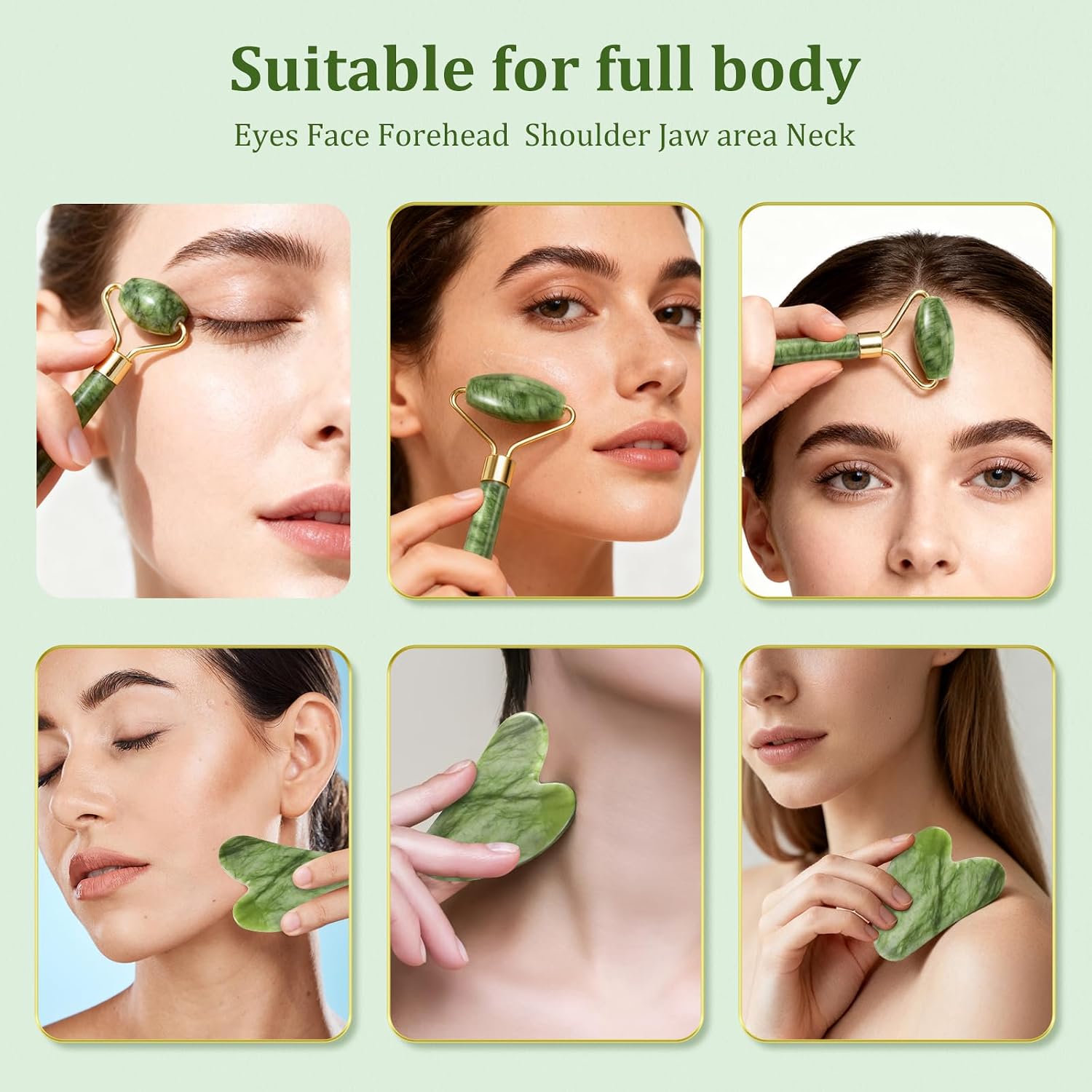 MASSOVIBE Jade Roller & Gua Sha Set - Natural Green Skincare Tools