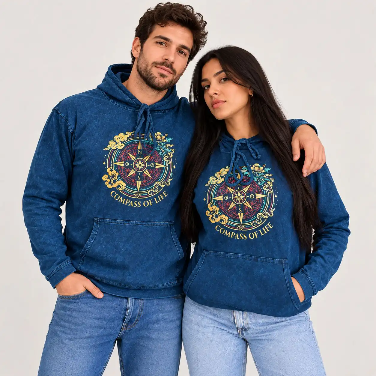 Med Stone Washed Hoody Shirt Kangaroo Pocket - Blue Compass of Life
