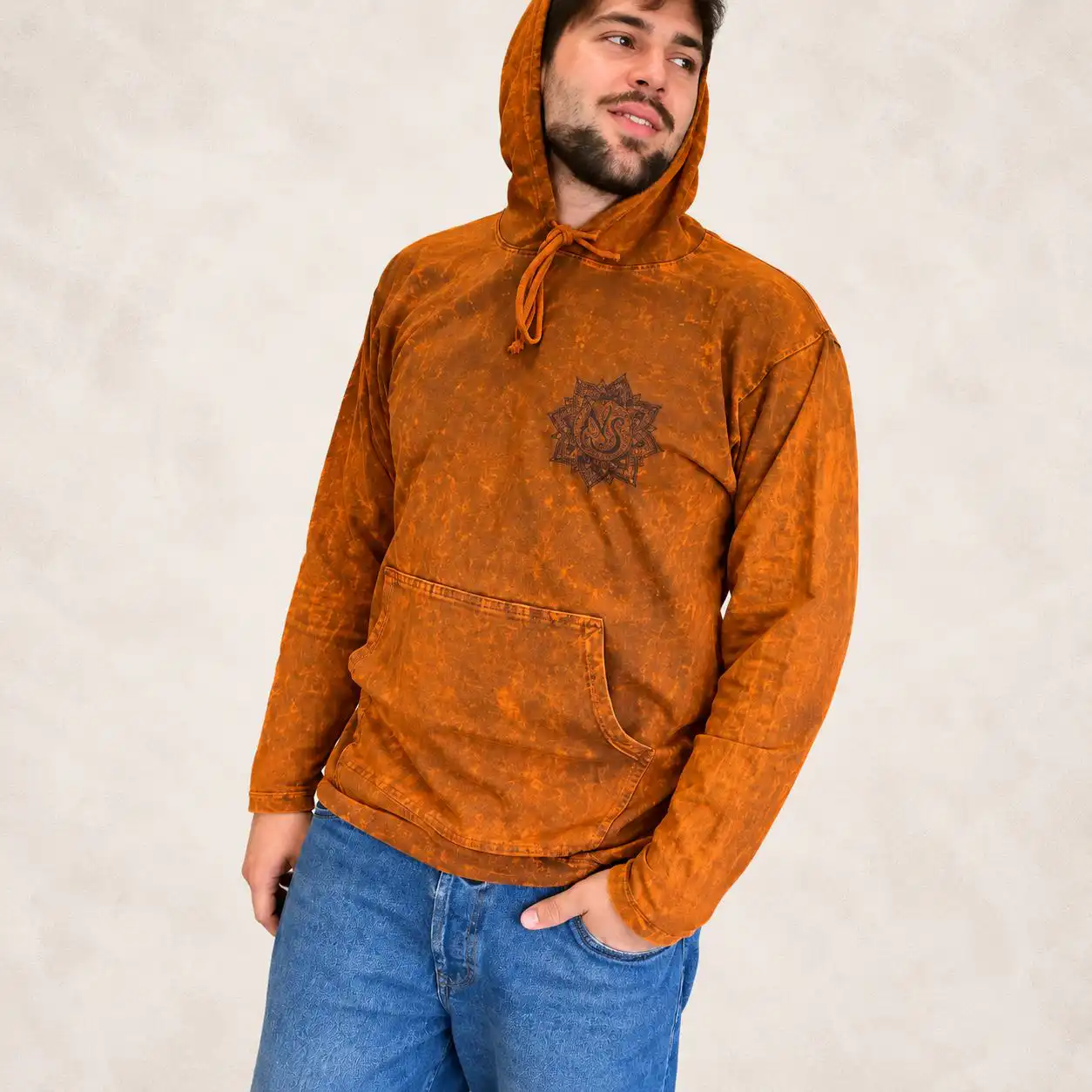 Med Stone Washed Hoody Shirt Kangaroo Pocket - Burnt Orange
