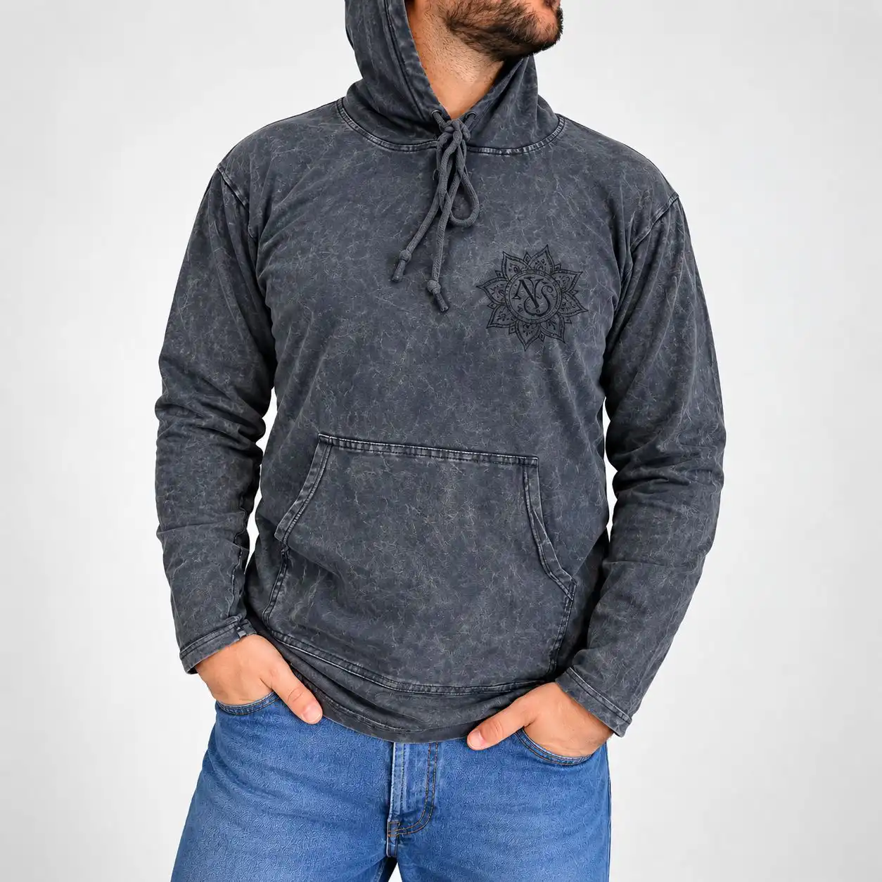 Med Stone Washed Hoody Shirt Kangaroo Pocket -Dusty Lavender
