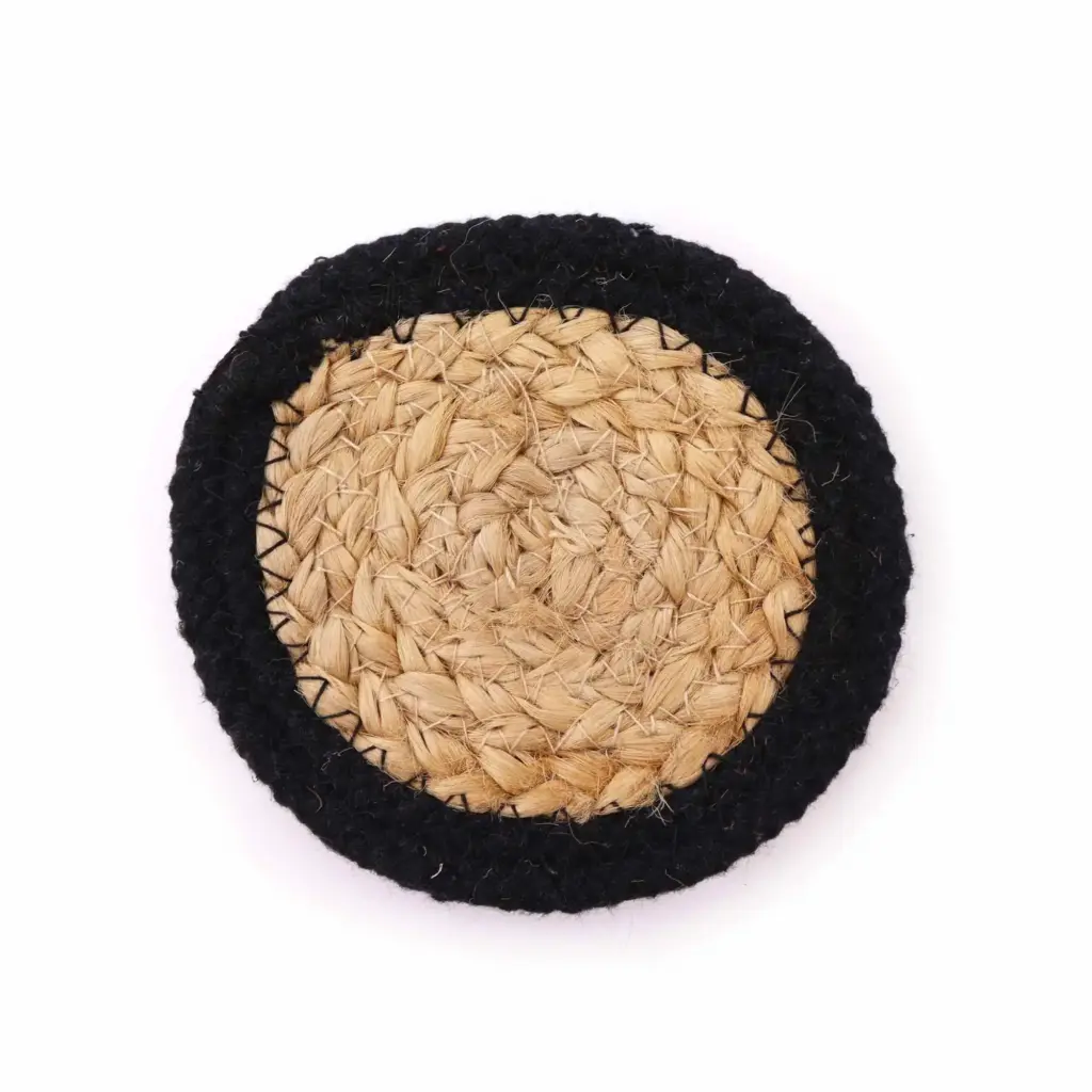 Natural Coaster – Jute & Cotton 10cm  (set of 4) – Black Boarder | www.artisangoods.co.uk