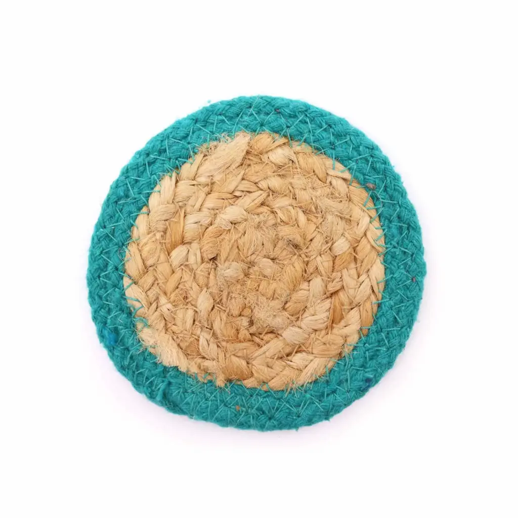 Natural Coaster – Jute & Cotton 10cm  (set of 4) – Teal Boarder | www.artisangoods.co.uk